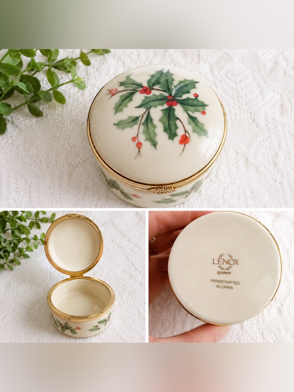 Lenox Holiday Holly Trinket Box Mini Porcelain Hinged Box Gold Trim Christmas